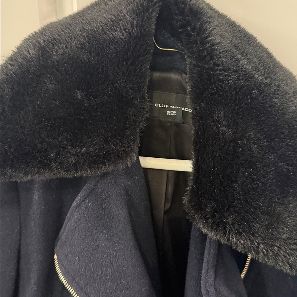 Club Monaco Navy Wool Coat with Faux Fur Collar